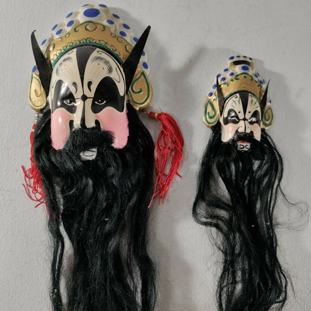 Vtg Chinese Opera Clay Ceramic Mask Bearded Small And Medium Set of Two